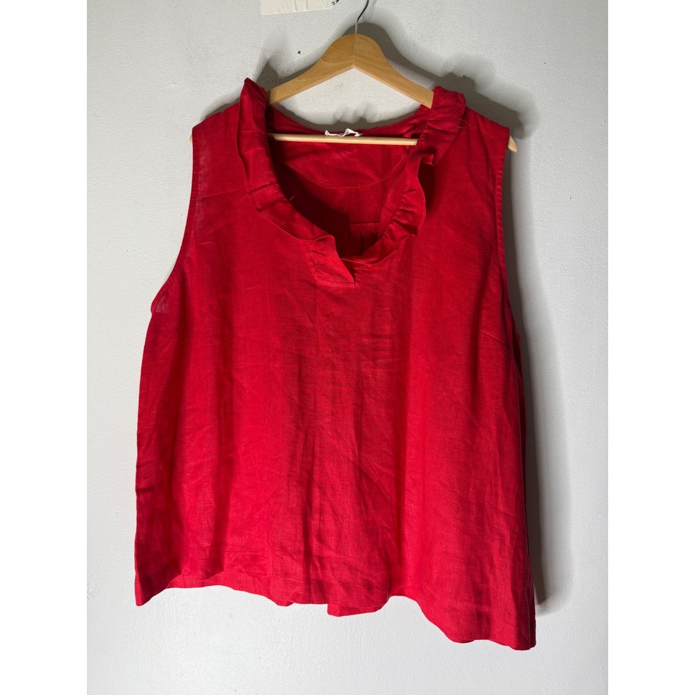 Avara sleeveless ruffle v‎ neck collar Linen top red size XXL